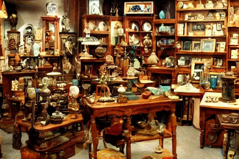 Image similar to vintage 3 5 mm color photo of the interior of a mystical antique shop with strange artifacts