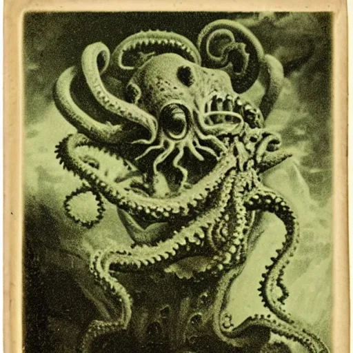 Image similar to a daguerreotype of cthulhu rising from the ocean