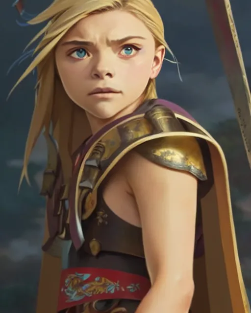 Image similar to chloe grace moretz as an azctec warrior, detailed perfect face, exquisite details, fire magic, mid view, design on a white background, by studio muti, greg rutkowski makoto shinkai takashi takeuchi studio ghibli