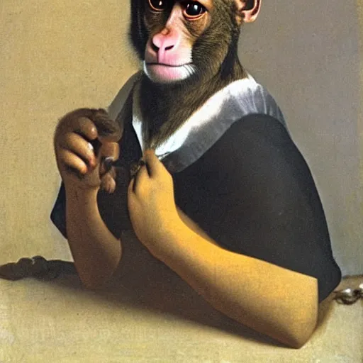 Image similar to a philosopher monkey lost deep in thought, portrait, by vermeer