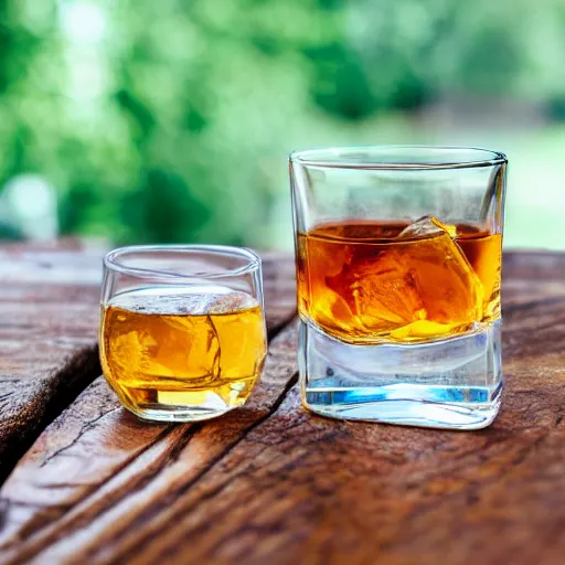 Prompt: a realistic photograph of a glass of whiskey on a wooden table