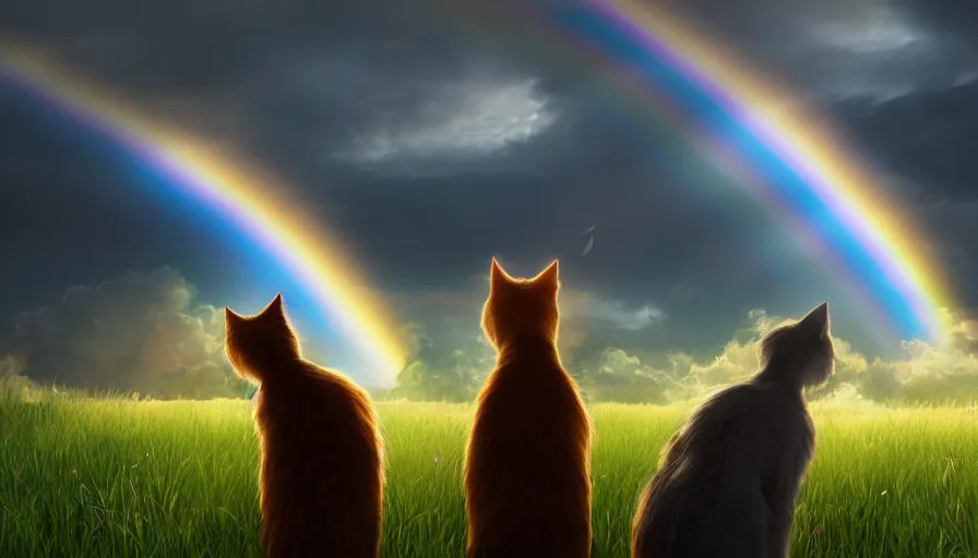 Prompt: back view of cats looking at rainbow, volumetric light, cloudy sky, hyperdetailed, artstation, cgsociety, 8 k