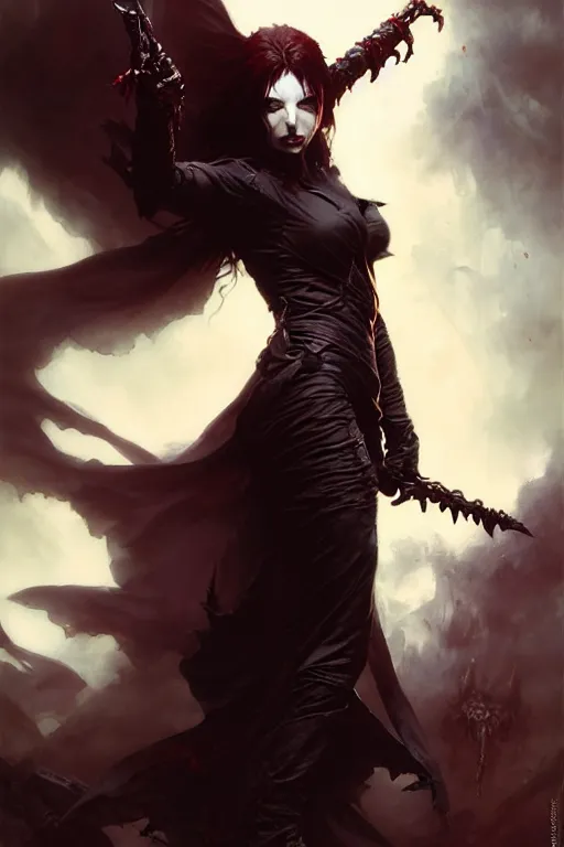 Image similar to dark evil female vampire action pose by raymond swanland, gaston bussiere, simon bisley, anna podedworna, ayami kojima, greg rutkowski, maxim verehin