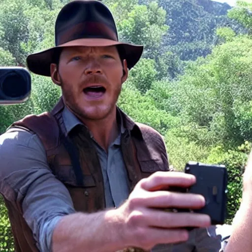 Image similar to chris pratt as indiana jones taking a selfie with an older harrison ford, instagram, cinematic