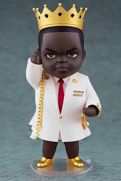 Prompt: notorious big, an anime nendoroid of notorious big in a elegant white suit, wearing a gold crown, wearing a walking stick, wearing a gold chain, figurine, detailed product photo, bokeh