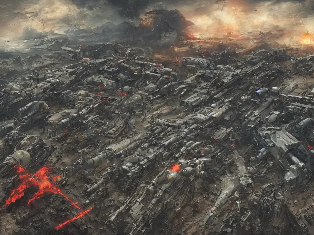 Image similar to ariel view, wide angle view, war mechs fighting, mech battlefield, war - torn, desolate gloomy planet, science fiction