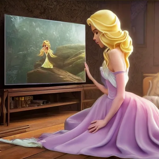 Image similar to disney princess with long blonde hair wearing elegant silk dress playing xbox in front of large television : : weta disney pixar movie still photo : : hi - fructose, decadent highly - detailed digital painting, golden ratio, octane render, artstation, cinematic composition, smooth, sharp focus, artgerm, mucha, loish, wlop