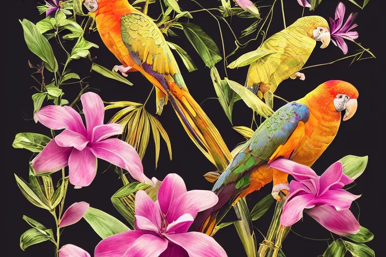 Prompt: photorealistic print of exotic, elegant tropical prints, isolated in a black background : : purple plants, golden flowers, red parrot, art nouveau, desaturate, trending on artstation