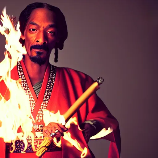 Image similar to cinematic film still of Snoop Dogg starring as a Samurai holding fire, Japanese CGI, VFX, 2022, 40mm lens, shallow depth of field, film photography