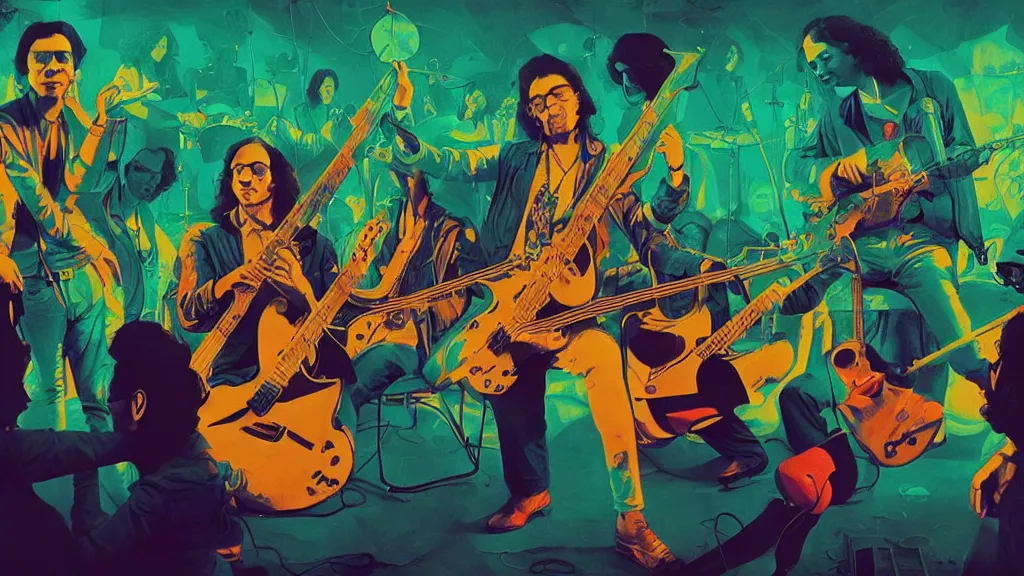 Prompt: duotone trippy 1 9 6 0 s lsd concept illustration of hippy rock musicians on stage. volumetric lighting. golden ratio accidental renaissance. by sachin teng and sergey kolesov and ruan jia and heng z. graffiti art, scifi, fantasy, hyper detailed. octane render. concept art. trending on artstation.