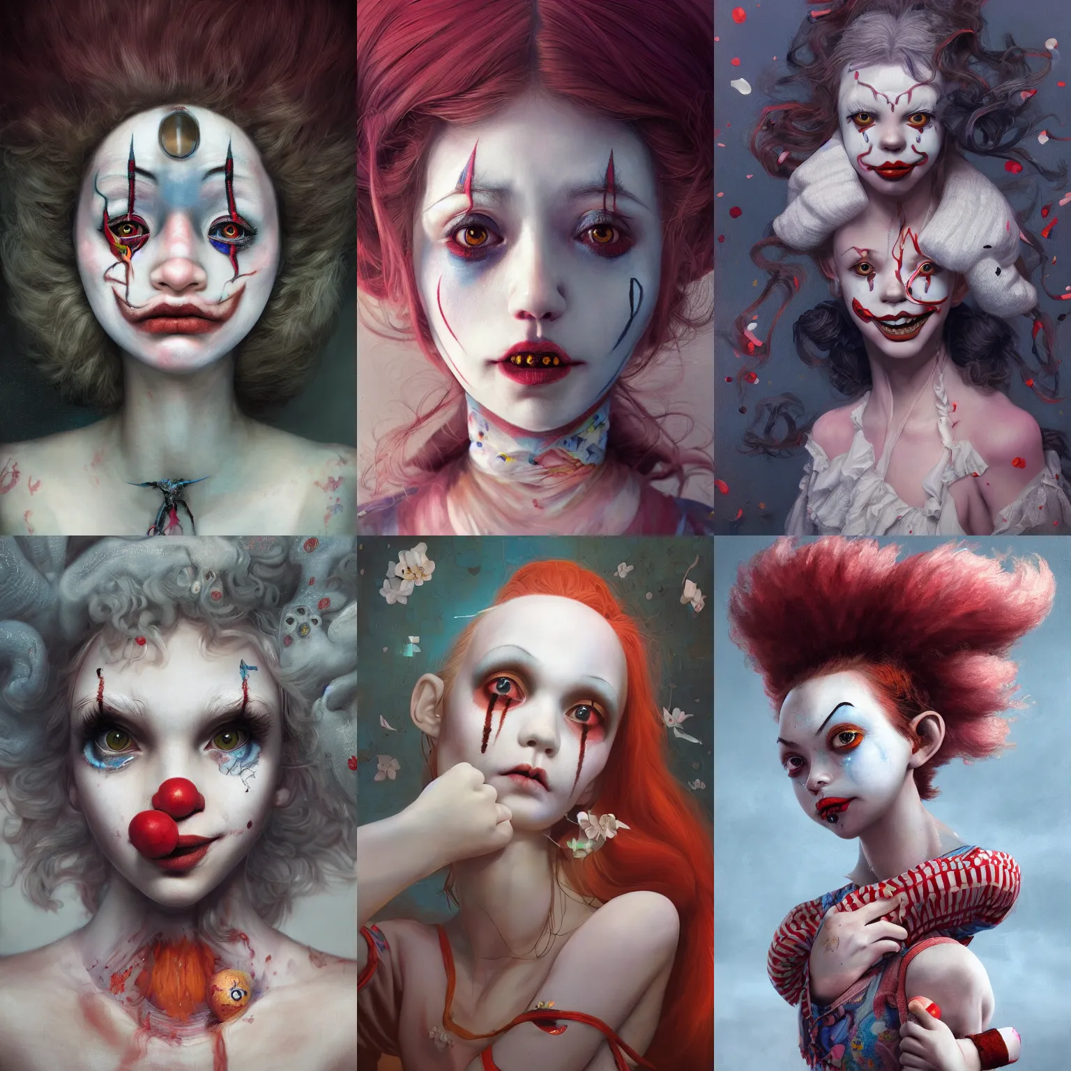 Image similar to breathtaking detailed painting of clown girl , with anxious, piercing eyes, Atari game cover art by Hsiao-Ron Cheng, James jean, Miho Hirano, Hayao Miyazaki, extremely moody lighting, hyperrealistic, octane render, RPG portrait, ambient light, dynamic lighting