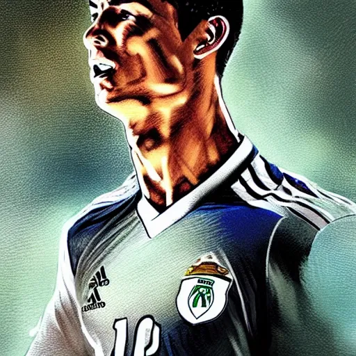 Prompt: Cristiano Ronaldo is the god of football, a highly detailed character in digital fantasy, a painted portrait, artstation, concept art, hard focus, illustrations, works by Artgerm and Greg Rutkowski, Alphonse Mucha and Craig Mullins, James Jean, Andrey Ryabovichev, Mark Simonetti and Peter Morbacher, 16 thousand - n 6