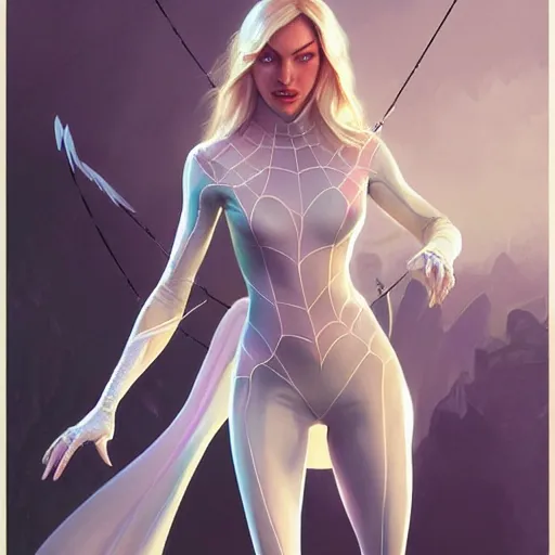 Image similar to Blonde Candice Swanepoel as Spider-Gwen, western, D&D, fantasy, intricate, elegant, highly detailed, digital painting, artstation, concept art, matte, sharp focus, illustration, art by Artgerm and Greg Rutkowski and Alphonse Mucha