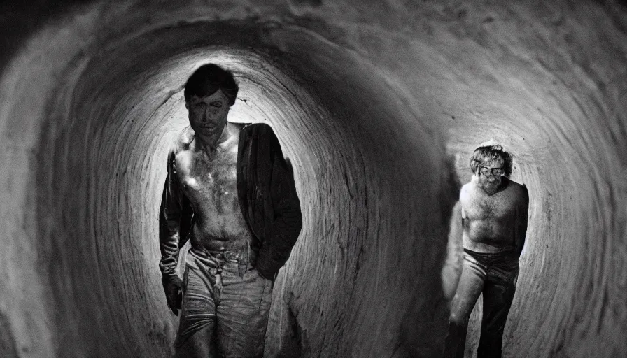 Prompt: 1 9 7 0 s movie still of a man in a barque in a tiny tunnel of flesh, leica sl 2