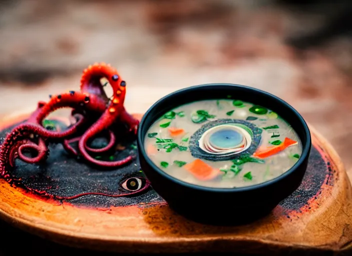 Image similar to dslr photograph of a bowl eldritch horror soup filled with tentacles and eyeballs, 8 5 mm f 1. 8