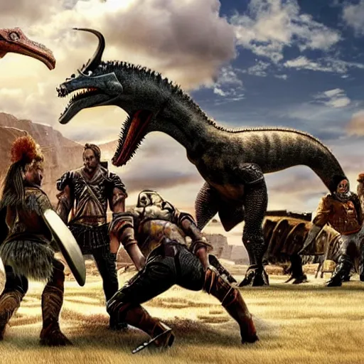 Image similar to Ragnarok with vikings fighting cyborg dinosaurs