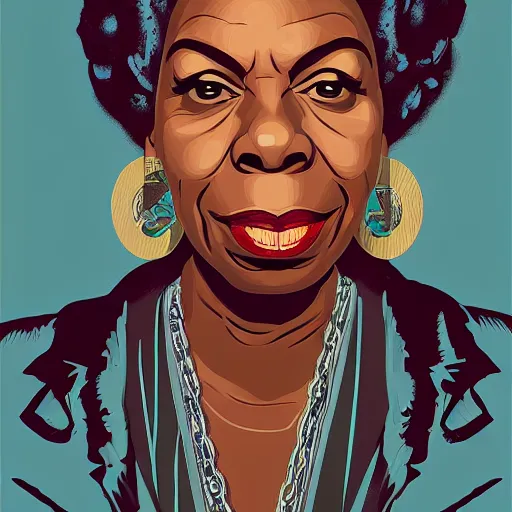 Image similar to portrait of nina simone by petros afshar, hyper real, laurie greasley, jc leyendecker and singer sargent