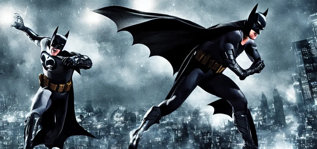 Image similar to Old Michael Keaton Batman fighting in modern Gotham city movie, 4K