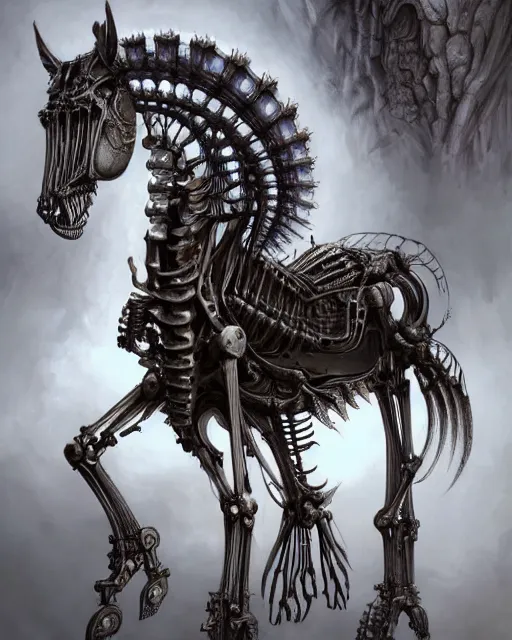 Prompt: fractal horse by giger, partially skeleton, partially robot, deep focus, d & d, dark fantasy, intricate glow accents, elegant, highly detailed, digital painting, artstation, concept art, matte, sharp focus, 8 k 3 d, hearthstone, art by artgerm and greg rutkowski and alphonse mucha