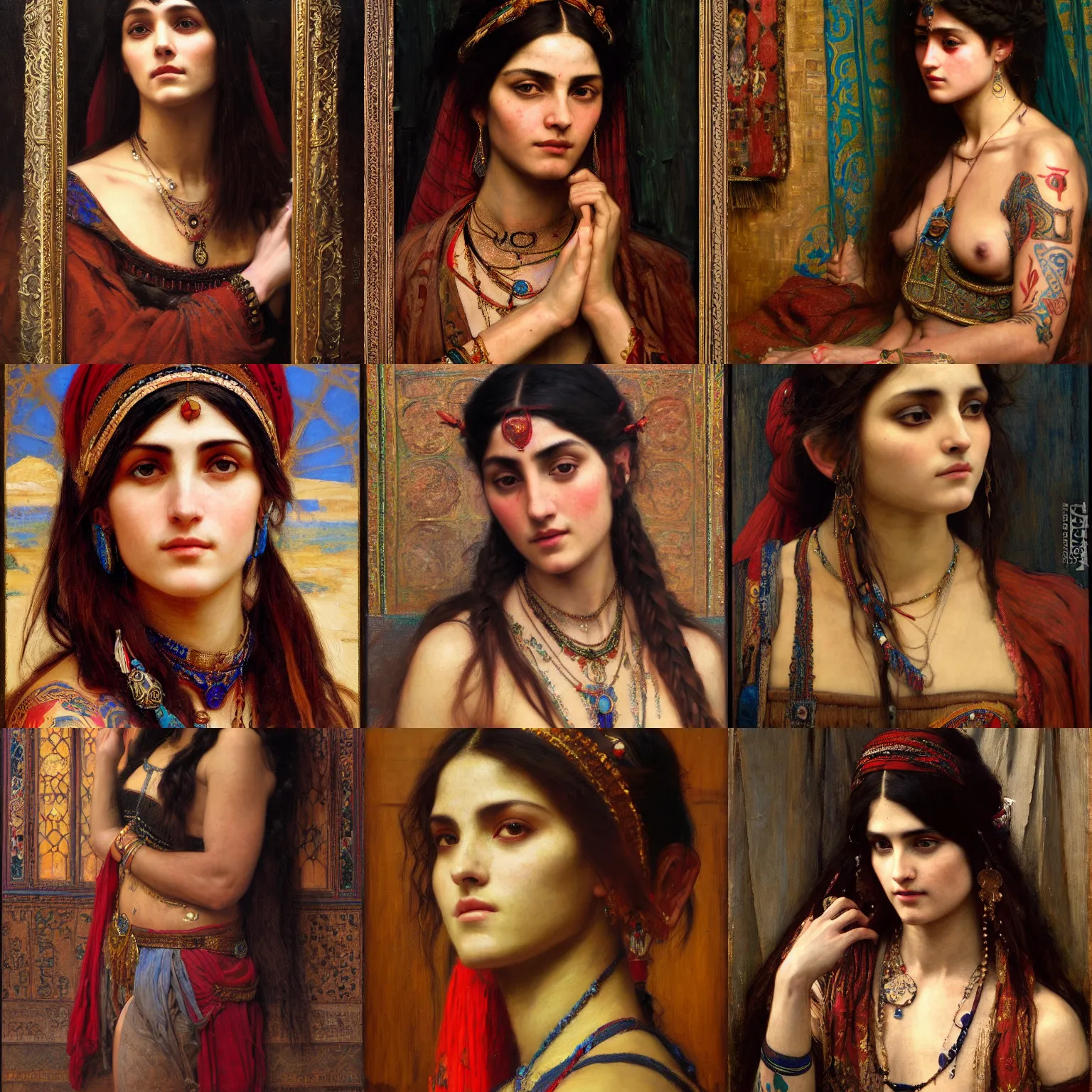 Prompt: orientalist painting of a tattooed gypsy woman intricate portrait by john william waterhouse and Edwin Longsden Long and Theodore Ralli and Nasreddine Dinet, oil on canvas. Cinematic, hyper realism, dramatic lighting, high detail 8k