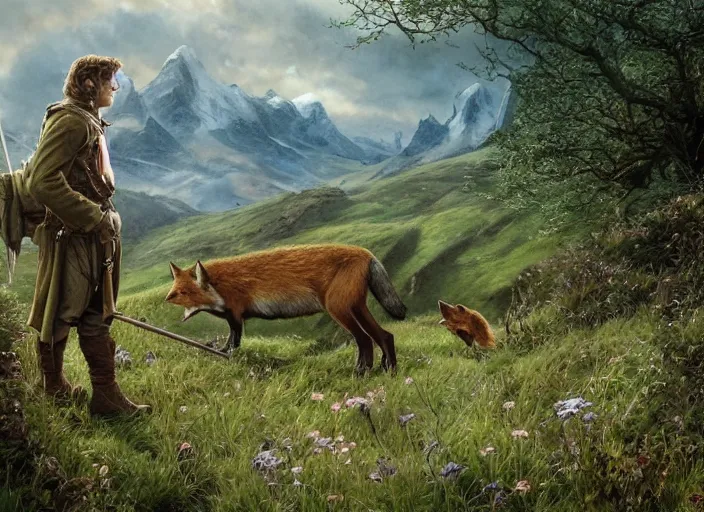 Prompt: a fox - faced ranger in the shire scenery landscape, lord of the rings, grasslands with a river, rule of thirds, gwelf, highly detailed, perfect lighting, perfect composition, 4 k, artgerm, larry macdougall, brian froud, jean - baptiste monge derek zabrocki, greg rutkowski
