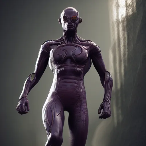 Image similar to photo of a superhero that is half human half alien, photorealistic, octane render, unreal engine, 8 k, high detailed