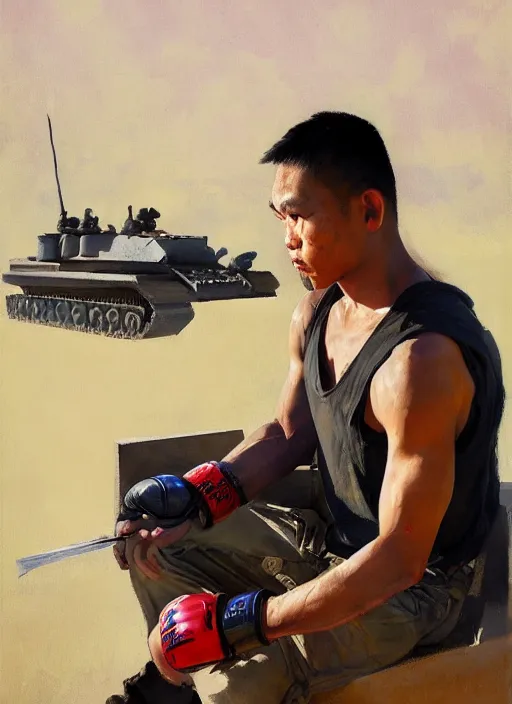 Image similar to greg manchess side portrait of a filipino mma fighter sitting on a tank, organic painting, sunny day, matte painting, bold shapes, hard edges, street art, trending on artstation, by huang guangjian, gil elvgren, ruan jia, randy vargas, greg rutkowski