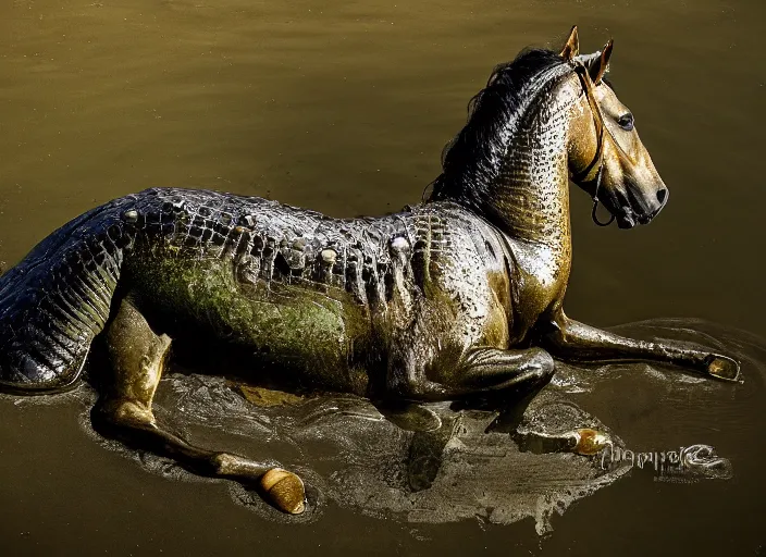 Prompt: horse with crocodile tail, national geographic photography