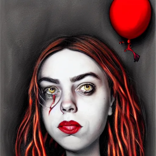 Image similar to surrealism grunge cartoon portrait sketch of billie eilish with a wide smile and a red balloon by - michael karcz, loony toons style, batman style, horror theme, detailed, elegant, intricate