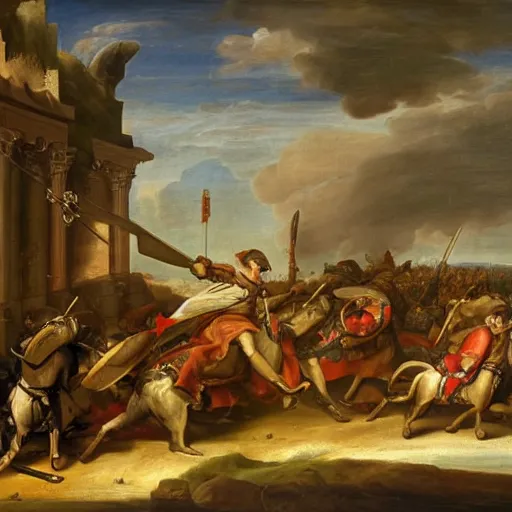 Prompt: brave knight in an armour made of turds rides on a massive Labrador dog into chaotic medieval scene, painted by Benjamin West