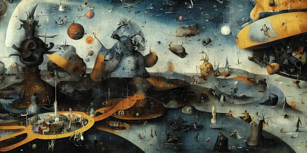 Prompt: a beautiful painting of an elaborate space sci - fi scene painted by hieronymous bosch, detailed, unreal engine