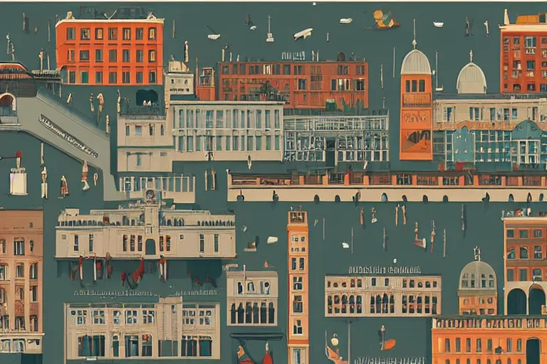 Prompt: A cityscape illustrations, by Wes Anderson