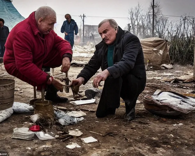 Prompt: фдучфтвук lukashenko inject heroin on the backdrop of poverty, wooden toilets, pits and squalor from vince gilligan film