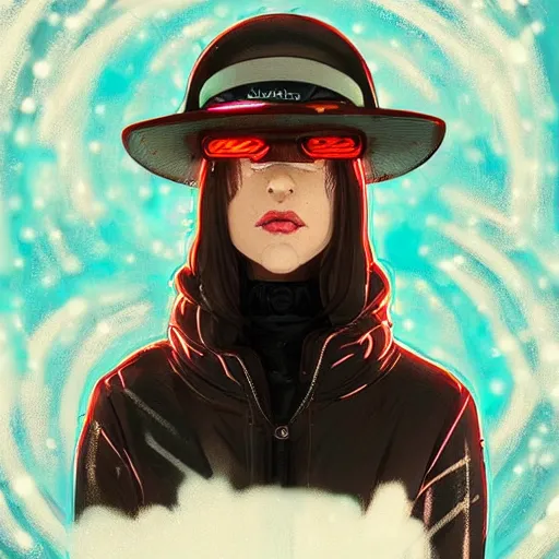 Prompt: highly detailed portrait of an electric woman wearing a snow coat and hologram visor, symmetrical, by atey ghailan, by greg rutkowski, by greg tocchini, by james gilleard, by joe fenton, by kaethe butcher, gradient blue, black, brown and cyan color scheme, grunge aesthetic!!! ( ( graffiti tag wall background ) )