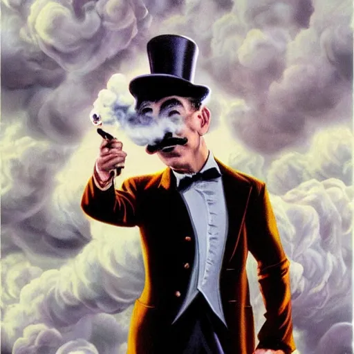 Image similar to uncle pennybags holding a Sherlock pipe, melting smoke clouds, drawing by Alex Ross