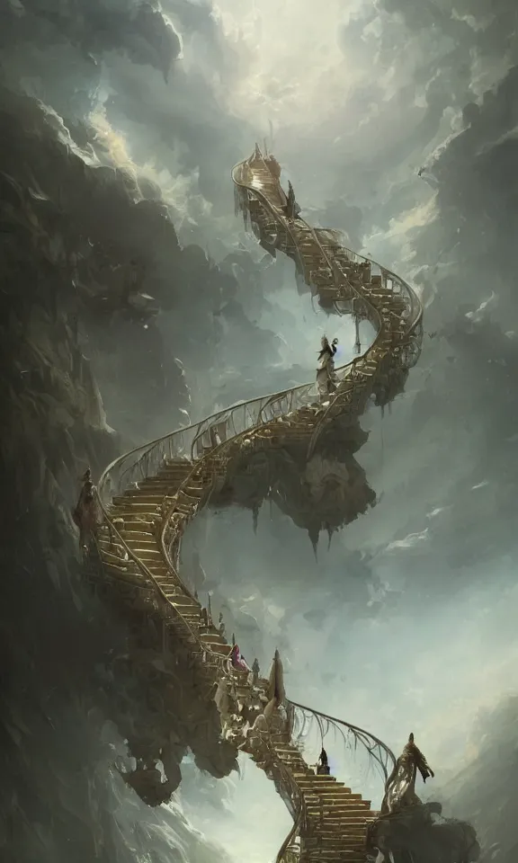 Image similar to endless stairs made of books leading to heaven, sky full of clouds, art by greg rutkowski and peter mohrbacher, featured in artstation, octane render, cinematic, elegant, intricate, ultra detailed, rule of thirds, professional lighting, unreal engine, fantasy, concept art, sharp focus, illustration, 8 k