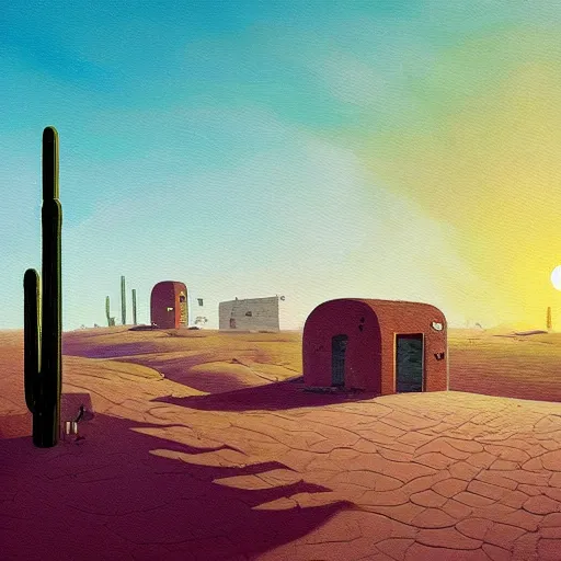 Image similar to a beautiful painting of a village in the desert, white houses, two suns, by simon stalenhag