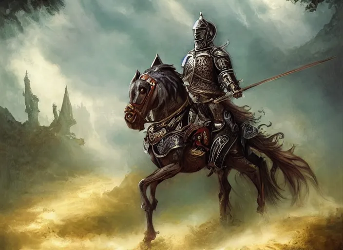 Image similar to knight on horseback, fantasy art, very detailed, beautiful