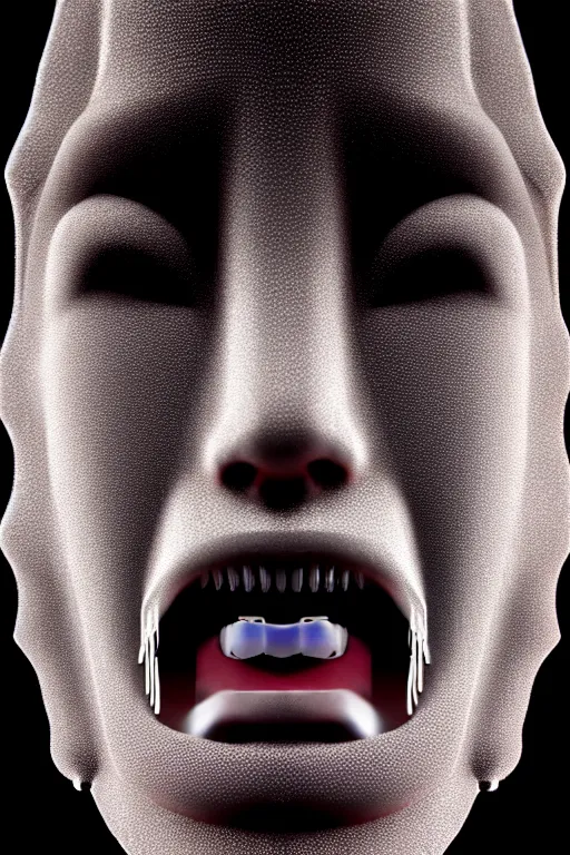 Image similar to hyperrealism, dreamland of chinese, halfturn portrait of a big crystal face made of crystals half - turn, cyberpunk, sss material, ominous, slender and densely arranged teeth, futuristic, art deco, expressive, dystopian, ominous, intricate, oc rendered, concept art, photorealistic, unreal engine render