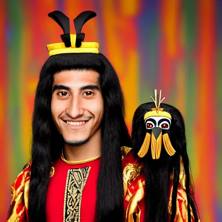 Prompt: A photo of Emperor Kuzco!!!!!!!!!!!!!!!! in his 17s, peruvian looking, with his long black hair, beardless, smiling with confidence, and wearing!!! his emperor clothes. Portrait by Terry Richardson. Golden hour. 8K. UHD. Bokeh.