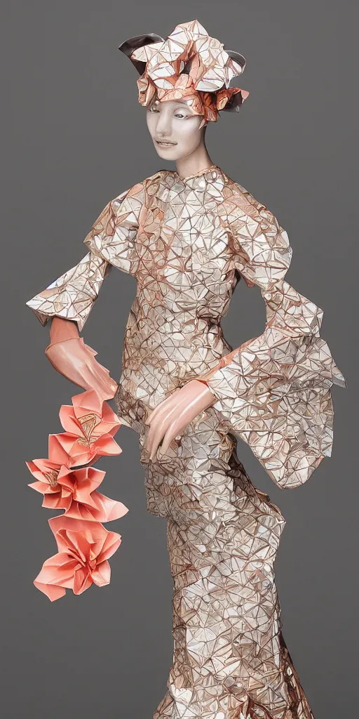Image similar to portrait of a beautiful ceramic female tiger model wearing sakura and peach ( ( origami themed paper flower ) ) and metallic molded shaped gown, haute couture by issey miyake