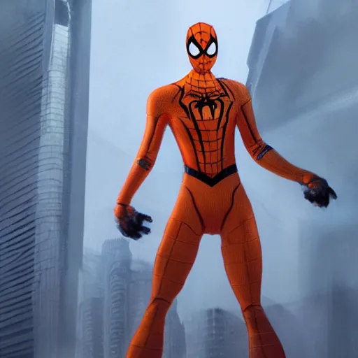 Image similar to concept render of an orange robot spiderman by cedric peyravernay and leon tukker