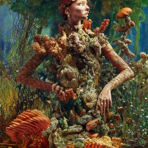 Prompt: a sculpture portrait made of smoke mushrooms and coral reefs and crystals and plants, painting part by wojciech siudmak, part by ilya repin, part by max ernst, part by norman rockwell, artstation