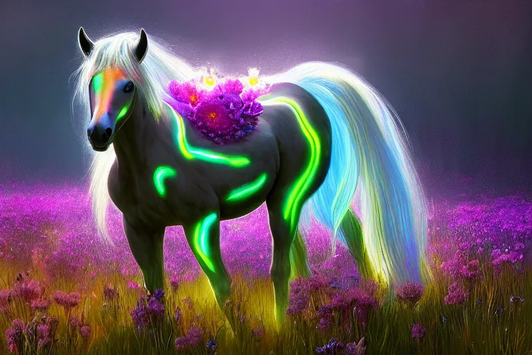 Image similar to a stunning digital painting of a flowerpunk horse with a mane of bioluminescent flowers running through a meadow by eddie mendoza, volumetric light, digital art, fine detail, photorealistic