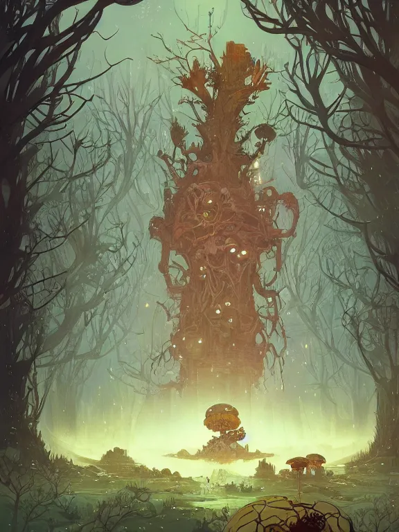 Image similar to large broken and abandonned robot un forbidden forest with trees and mushrooms on its head, stylized illustration by peter mohrbacher, moebius, mucha, victo ngai, colorful comics style