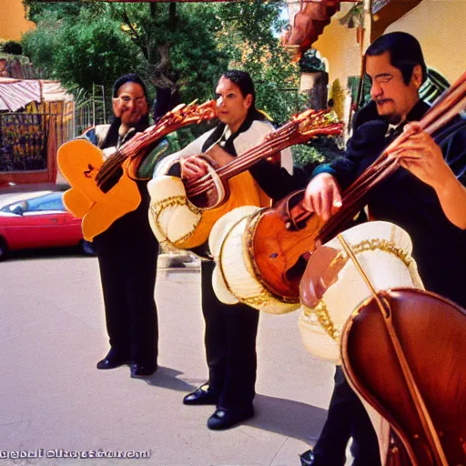 Prompt: mariachi band, tlaquepaque, kodak ektachrome,