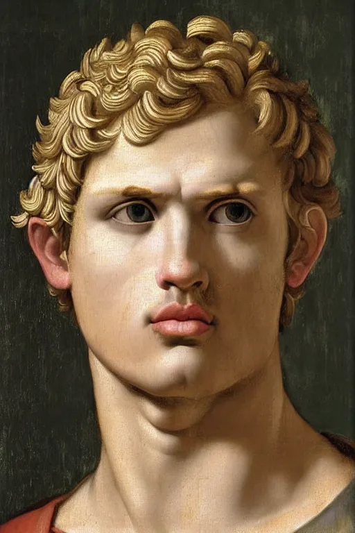 Image similar to renaissance painting of man, short blonde hair, thoughtful face, emotions closeup, dressed in roman armour, the beautiful garden with olive leaves, ultra detailed, art by Guido Reni style, Vincenzo Catena style