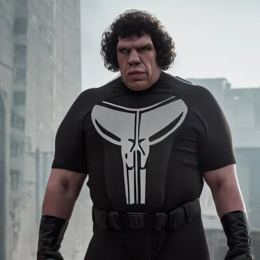 Prompt: Andre The Giant as The Punisher, cinematic, photorealistic, movie still, 8k