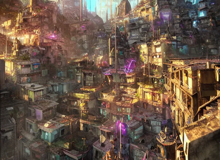 Prompt: favela fantasy cathedral, sci - fi environment, sorcery, scenery, professional, award - winning, trending on artstation, hyper detailed, realistic, beautiful, emotional, shiny, colorful, picture