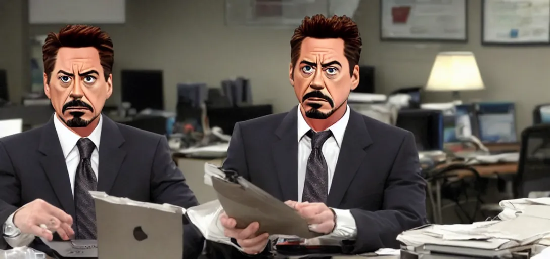 Image similar to a very high resolution image of tony stark. from an episode of the office with micheal scott. photorealistic, photography